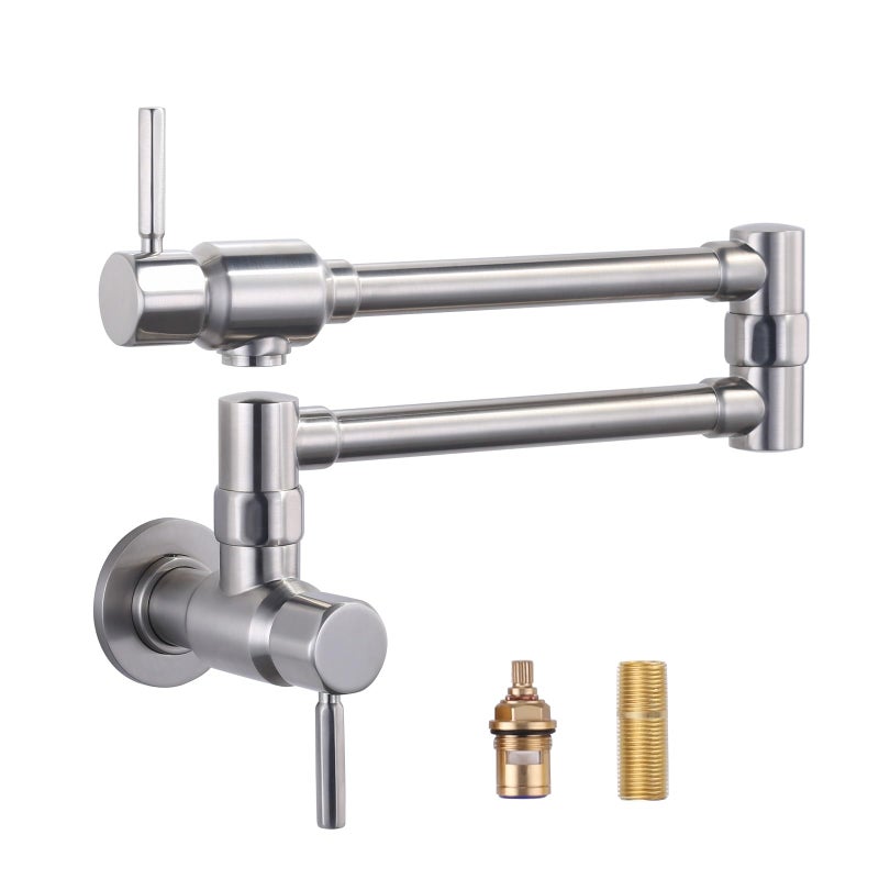 ALEASHA Pot Filler Faucet Brushed Nickel, ALEASHA Solid Brass Made Pot Fillers,Heavy Duty Wall Mount Folding Faucet for Kitchen - Image 1