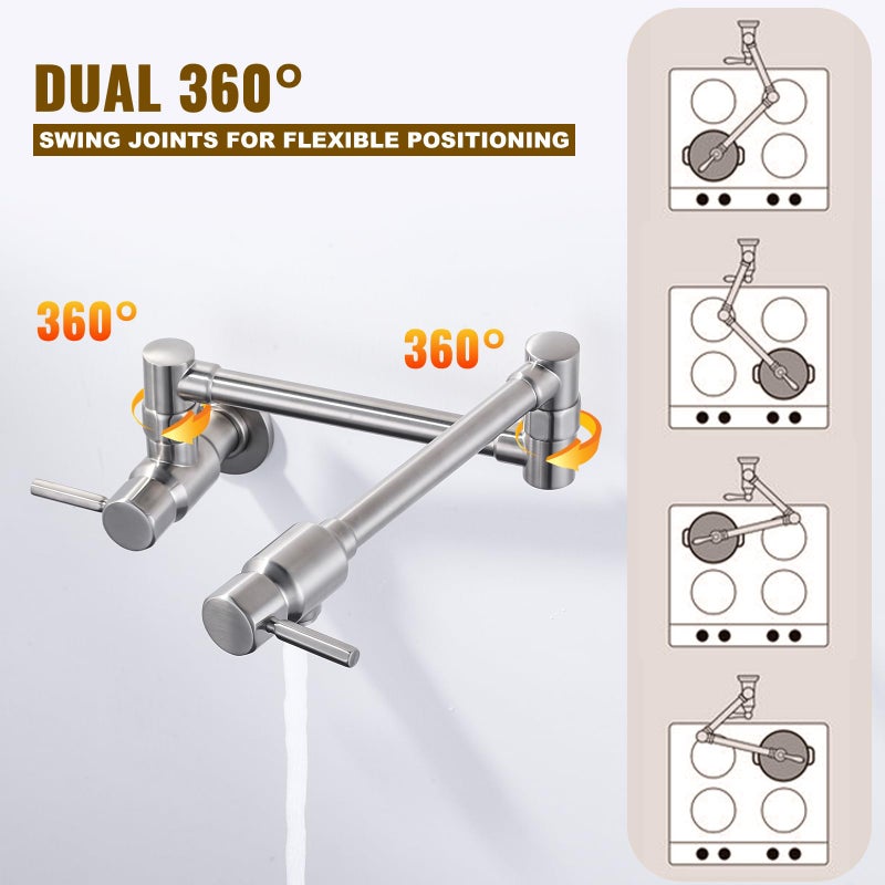 ALEASHA Pot Filler Faucet Brushed Nickel, ALEASHA Solid Brass Made Pot Fillers,Heavy Duty Wall Mount Folding Faucet for Kitchen - Image 3