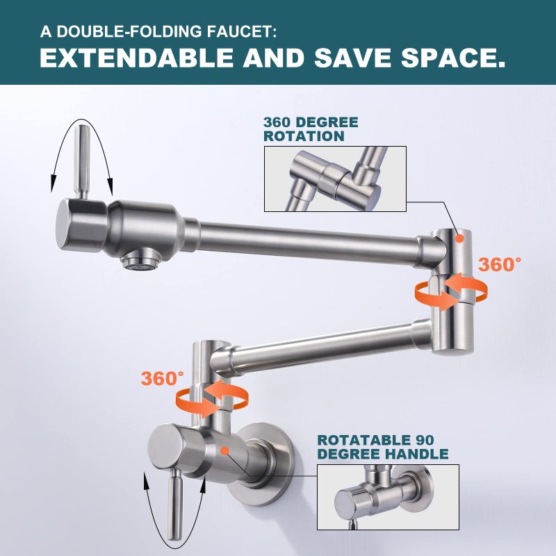 ALEASHA Pot Filler Faucet Brushed Nickel, ALEASHA Solid Brass Made Pot Fillers,Heavy Duty Wall Mount Folding Faucet for Kitchen - Image 5