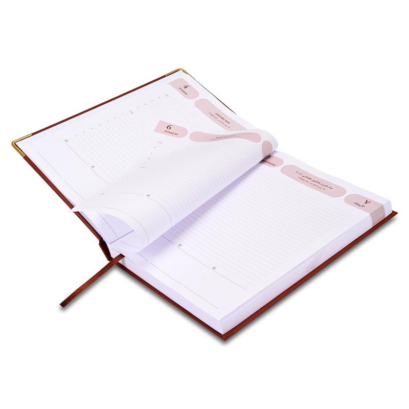 FIS مفكرة أجندة FIS 2026، بحجم 170x240 مم، غلاف فينيل مبطن من جانب واحد مع زوايا ذهبية، تنسيق يوم في صفحة، عربي/إنجليزي، ورق أبيض 60 جرام، غلاف بني - FSDI75AEVG26BR - Image 4