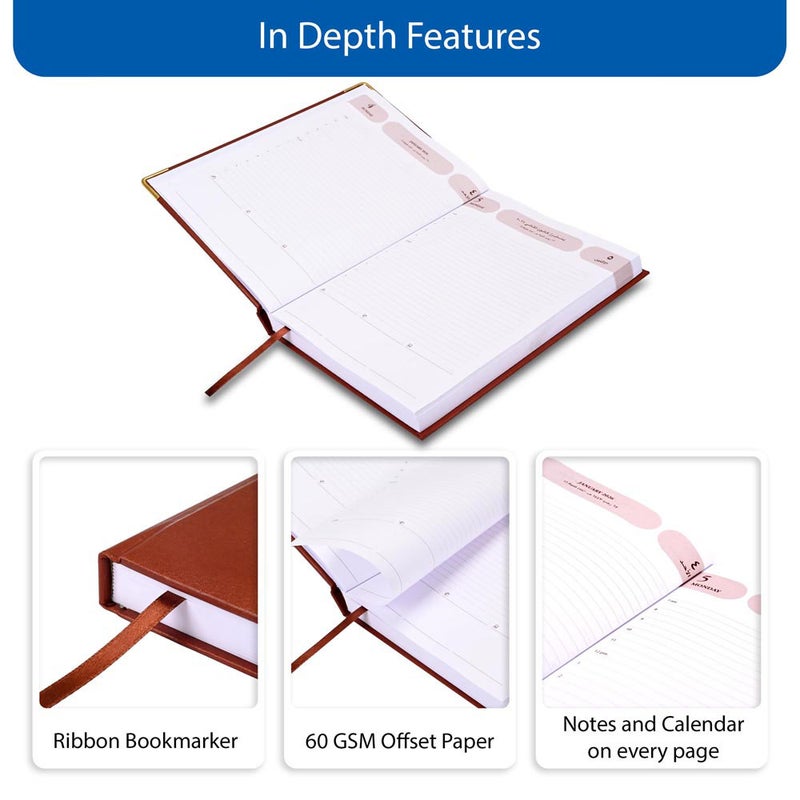 FIS مفكرة أجندة FIS 2026، بحجم 170x240 مم، غلاف فينيل مبطن من جانب واحد مع زوايا ذهبية، تنسيق يوم في صفحة، عربي/إنجليزي، ورق أبيض 60 جرام، غلاف بني - FSDI75AEVG26BR - Image 5