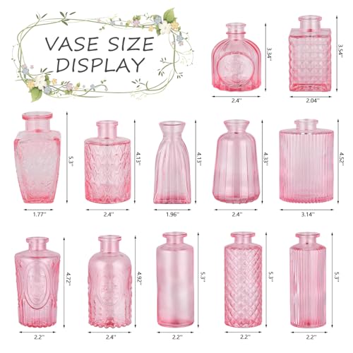 RUCKAE 12 Pack Glass Bud Vases Mini Flower Vase Small Vintage Vases for Centerpiece Table Wedding Decorations Home Decor Party (Pink) - Image 3