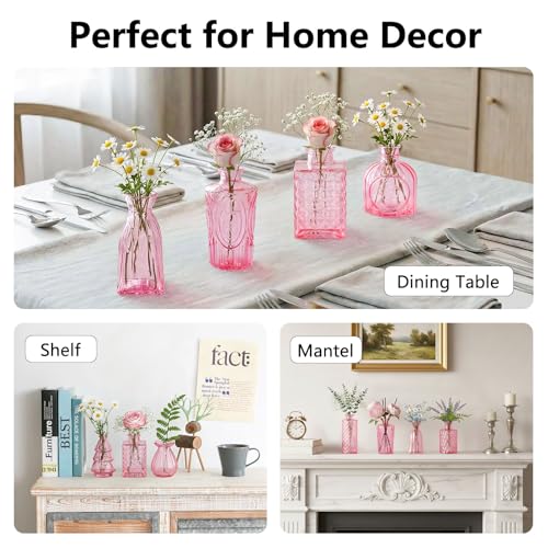 RUCKAE 12 Pack Glass Bud Vases Mini Flower Vase Small Vintage Vases for Centerpiece Table Wedding Decorations Home Decor Party (Pink) - Image 5