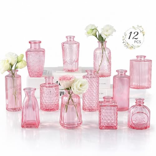 RUCKAE 12 Pack Glass Bud Vases Mini Flower Vase Small Vintage Vases for Centerpiece Table Wedding Decorations Home Decor Party (Pink) - Image 1