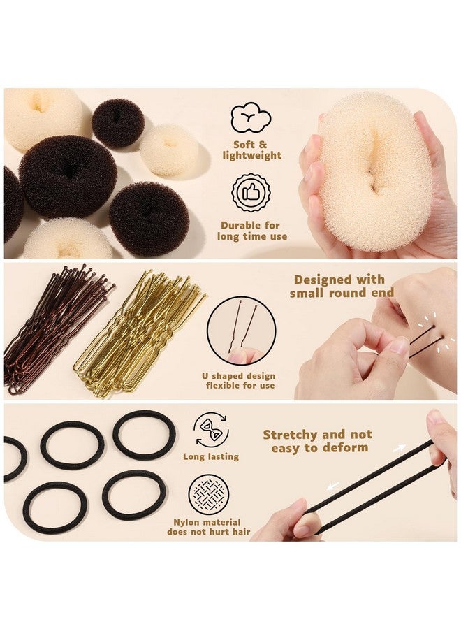 فندامي مجموعة صانع كعكة الشعر من فاندامي، مجموعة صانع كعكة الدونات مع 4 قطع بني غامق و4 قطع بيج (2 كبير جدًا، 2 كبير، 2 متوسط و2 صغير)، 5 قطع من أشرطة الشعر المطاطية، 40 قطعة من دبابيس الشعر (بني وذهبي) - Image 3