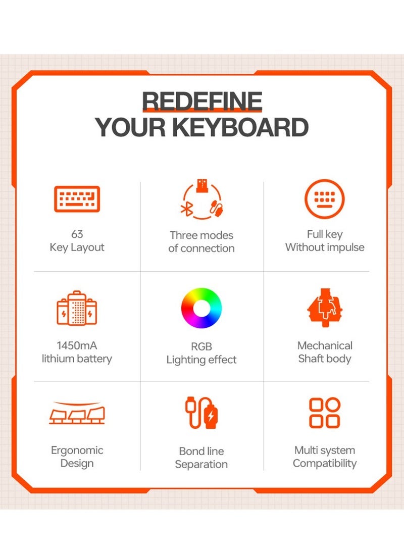 general 3-Mode Wireless Mechanical Gaming Keyboard, 63 Keys Compact Hot-Swappable RGB Keyboard with 20 Lighting Effects & Bluetooth - Image 5