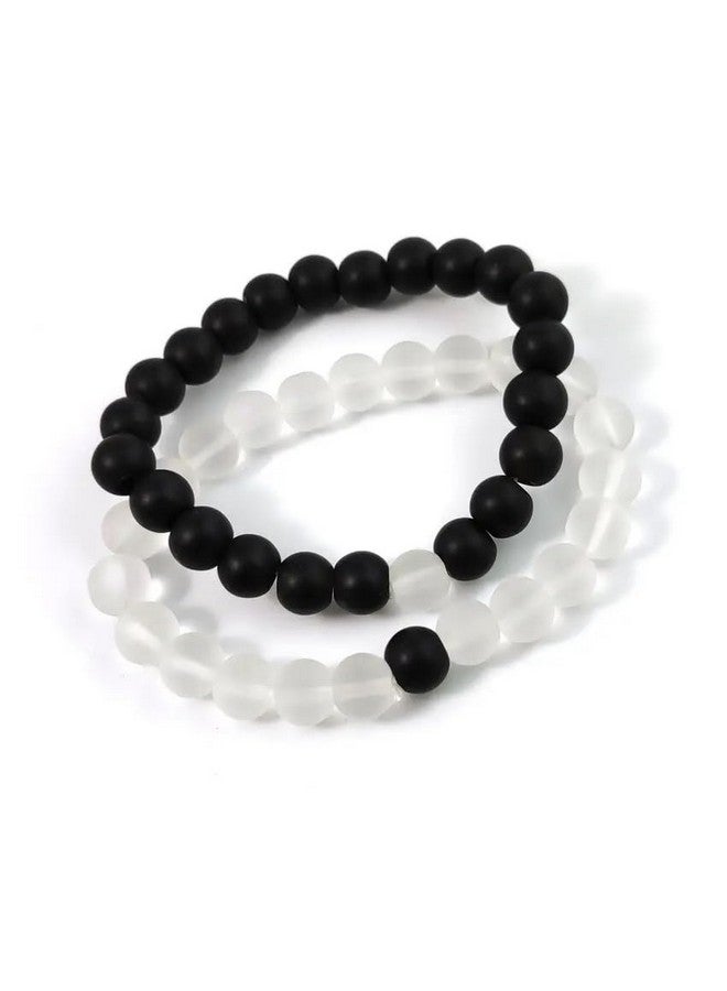 MEENAZ Bracelet for Women Men boys Fashion White Black Beads Bracelets Couple Bracelets Strechable Adjustable Jewellery Birthday Gift Anniversary Wife Husband Stone Couples Combo Best Friend black 362 - Image 1