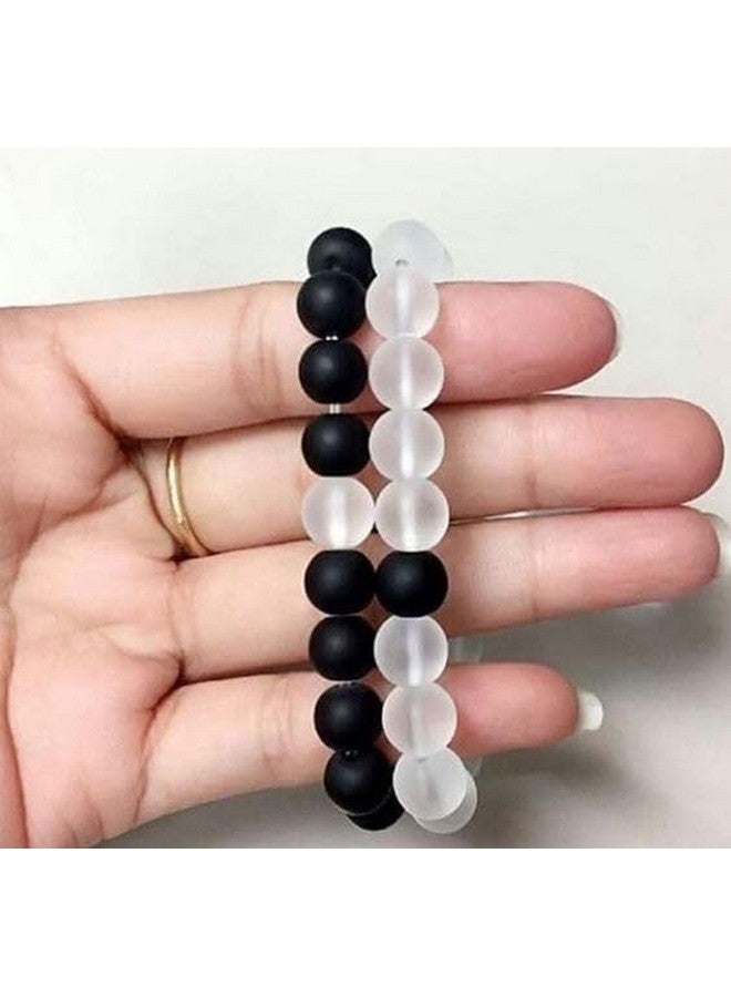 MEENAZ Bracelet for Women Men boys Fashion White Black Beads Bracelets Couple Bracelets Strechable Adjustable Jewellery Birthday Gift Anniversary Wife Husband Stone Couples Combo Best Friend black 362 - Image 4