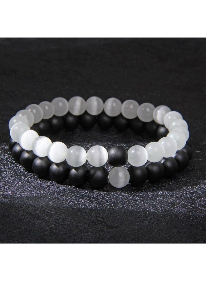 MEENAZ Bracelet for Women Men boys Fashion White Black Beads Bracelets Couple Bracelets Strechable Adjustable Jewellery Birthday Gift Anniversary Wife Husband Stone Couples Combo Best Friend black 362 - Image 3