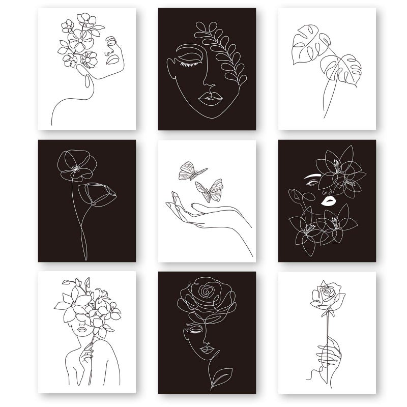 Outus 9 Sets Aesthetic Wall Art Abstract Minimalist Line Black White Prints Art Posters Female Face with Flower Art Drawing Paintings for Wall Decor, 8 x 10 inch - Image 1