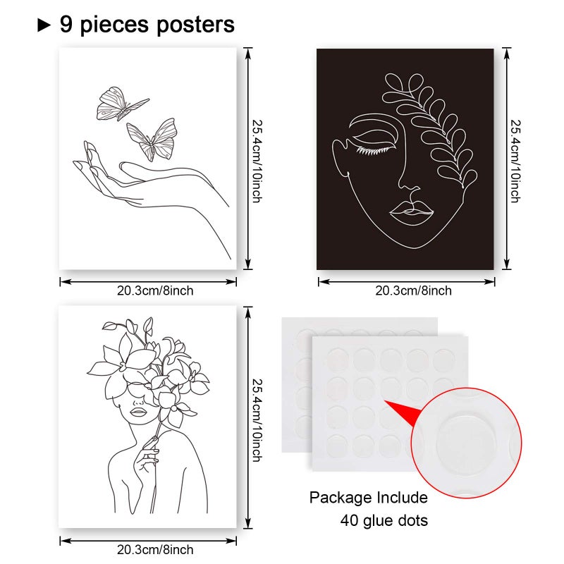 Outus 9 Sets Aesthetic Wall Art Abstract Minimalist Line Black White Prints Art Posters Female Face with Flower Art Drawing Paintings for Wall Decor, 8 x 10 inch - Image 2