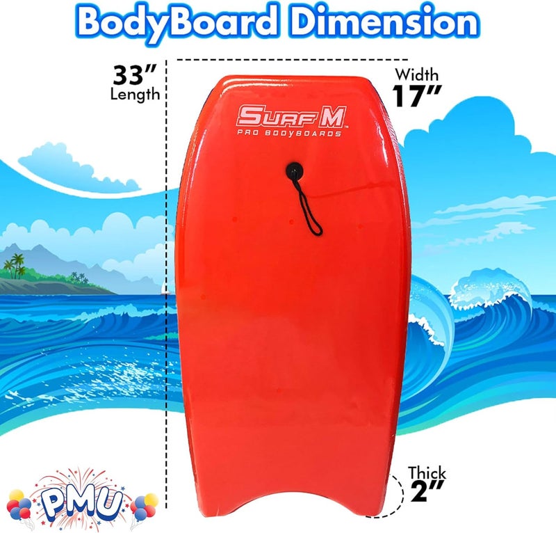PMU 33 Inch Red Bodyboard - Lightweight Wrist Leash, Slick Bottom Boards for Beach, Sea & Pool - Surfing Board for Kids, Teens & Adults Wave Conditions Pkg/1 - Image 2