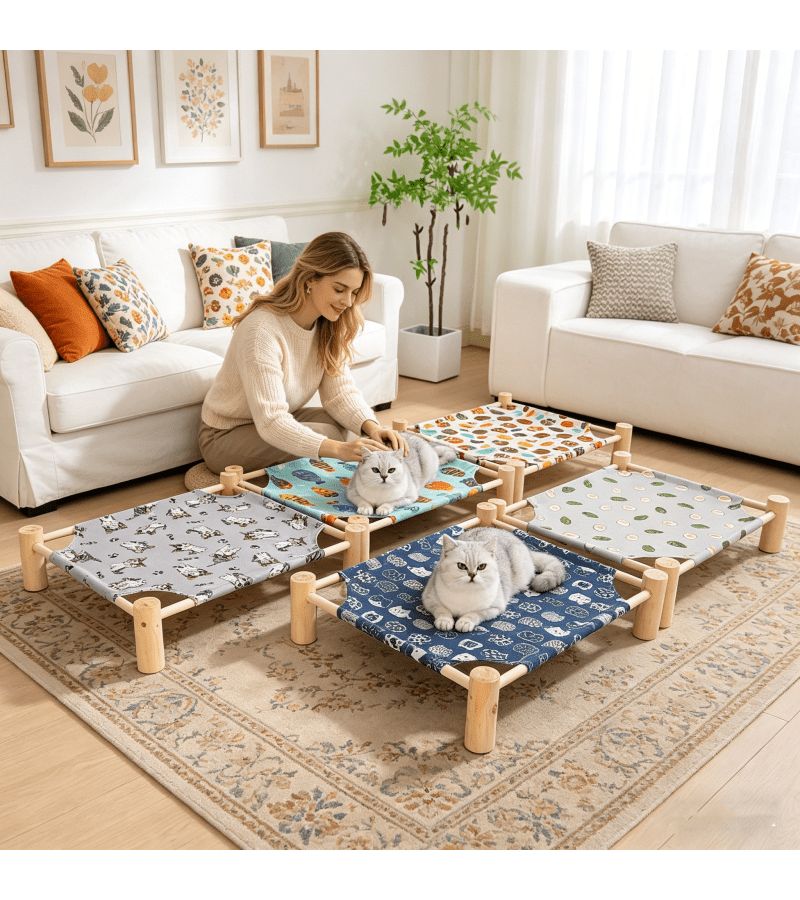Deluxe C Cat Bed With Wooden Frame And Fabric Cover Outdoor Cooling Elevated Indoor Breathable Pet Sofa For Cats And Dogs All Seasons - Image 4