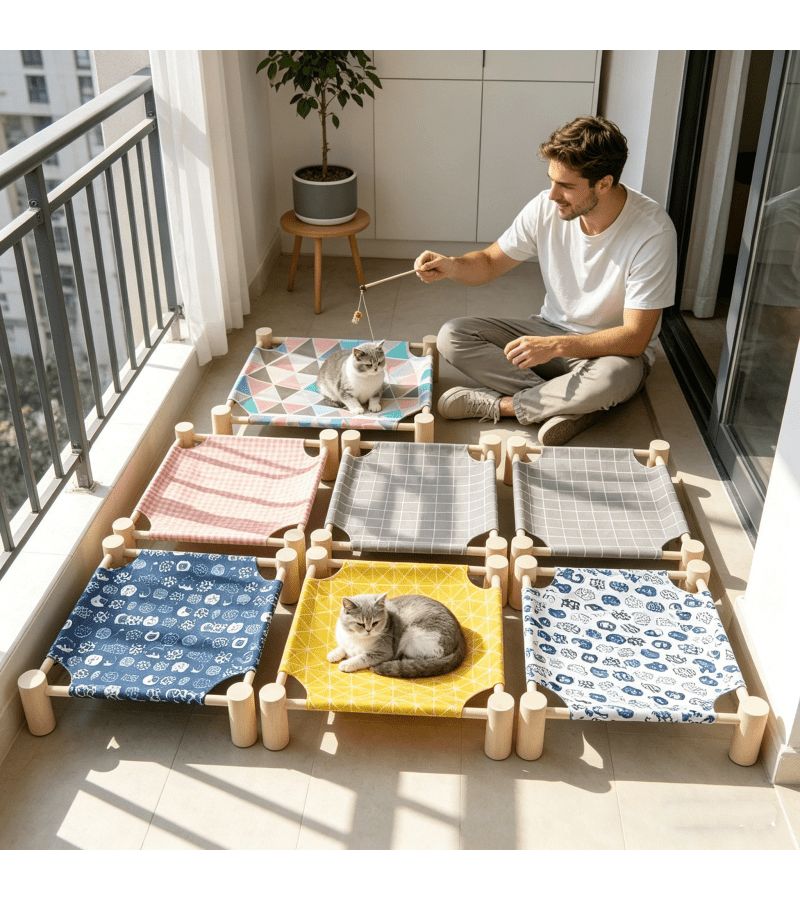 Deluxe C Cat Bed With Wooden Frame And Fabric Cover Outdoor Cooling Elevated Indoor Breathable Pet Sofa For Cats And Dogs All Seasons - Image 3