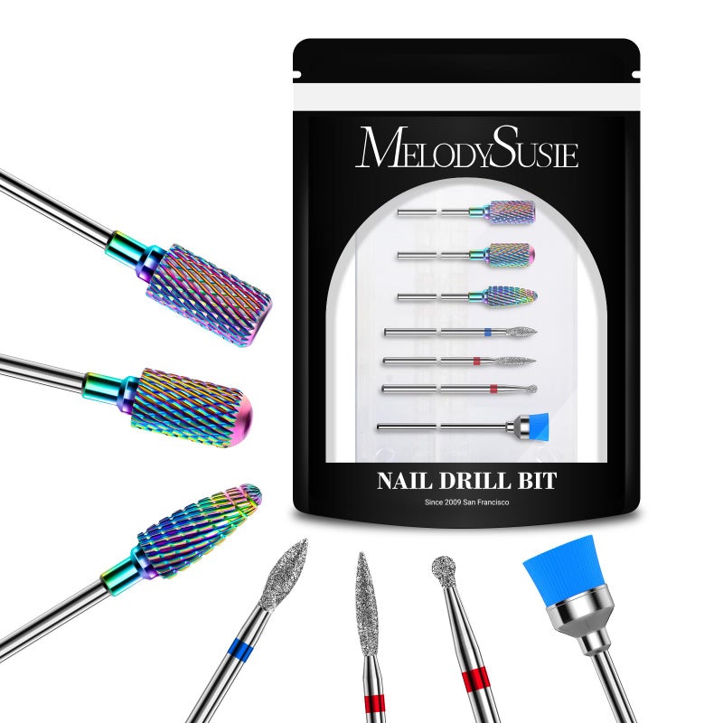MelodySusie Nail Drill Bits Set, 7pcs Tungsten Carbide Diamond Nail Drill Bits for Acrylic Nails Poly Gel Cuticle Remove, 3/32'' Professional Nail Bits for Nail Drill Efile, Manicure Pedicure Tools - Image 1