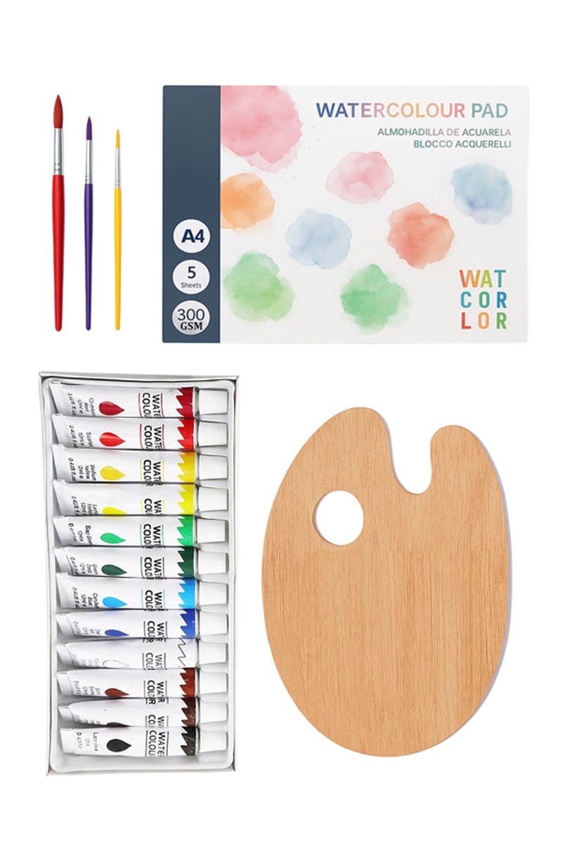 شير ذا لوف  مجموعة الرسم بالألوان المائية - لوحة ورقية للرسم بالألوان المائية مقاس A4 (5 أوراق، 300 جرام لكل متر مربع) + 3 فرش طلاء + 12 أنبوبًا للألوان المائية + لوحة ألوان خشبية - مجموعة فنية كاملة للأطفال والكبار