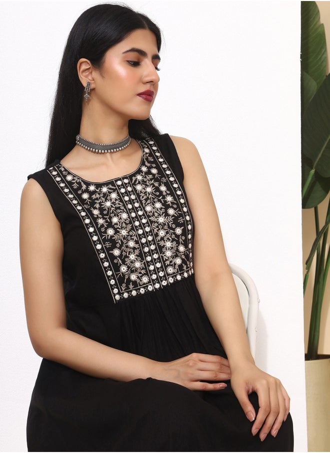 ISHIN Aline Fit Self Design Pattern Round Neck Neck Sleeveless BLACK Colour Woven Cotton Kurtas for Women with Semi Elastic Closure - Perfect for your Festive Celebrations  - Image 1