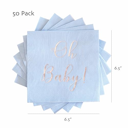 Partay Shenanigans Baby Shower Napkins - 50 Pack Disposable Paper Luncheon Cocktail Napkins with Foil "Oh Baby!" Folded 6.5"x6.5" for Boy Baby Shower Party (Blue with Silver) - Image 2