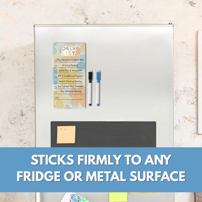 AVATAAR STUDIO Magnetic Acrylic Board for Fridge – 22x11 cm, 3mm Thick, Reusable Dry Erase Board with 2 Non-Toxic Pens – Grocery List, Planner, Kitchen Organizer (Pastel Flowers “Check List”) - Image 3