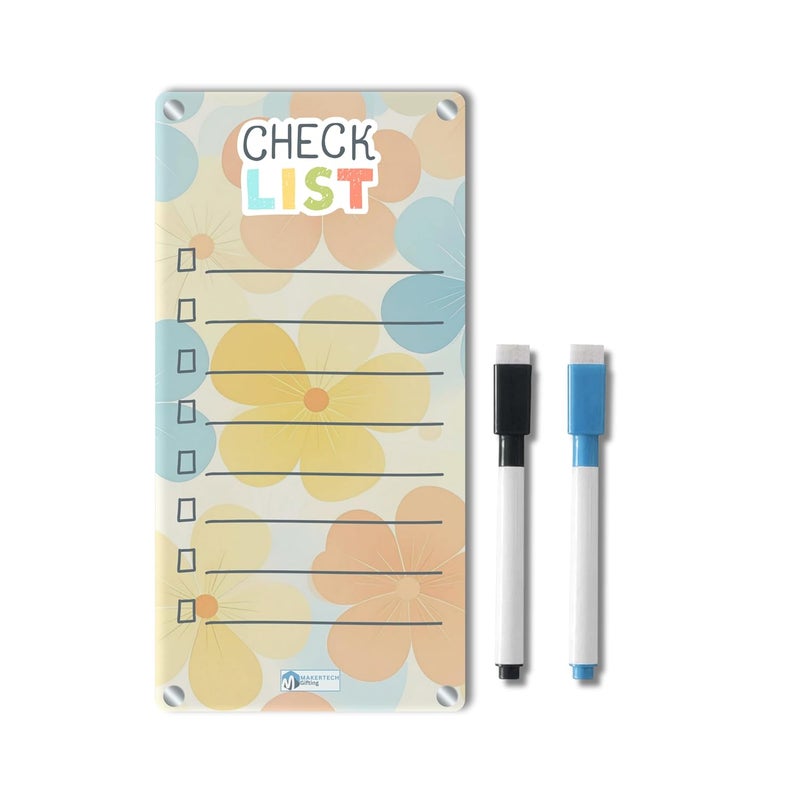 AVATAAR STUDIO Magnetic Acrylic Board for Fridge – 22x11 cm, 3mm Thick, Reusable Dry Erase Board with 2 Non-Toxic Pens – Grocery List, Planner, Kitchen Organizer (Pastel Flowers “Check List”) - Image 1