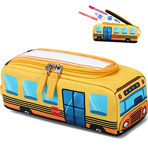 LEDAOU Cute Pencil Case for Kids Girls Boys Pencil Pouch kawaii Pen Pencil Box Bag Holder for School Students (Yellow School Bus) - Image 1