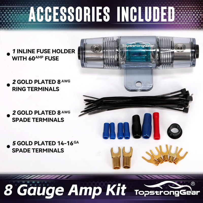 TOPSTRONGGEAR 8 Gauge Complete Amp Kit True 8 AWG Amplifier Subwoofer Installation Wiring Wire Install Cables - Image 3
