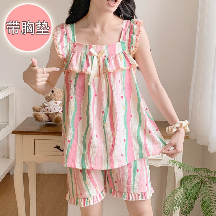 Cute Summer Pajama Set with Padded Camisole C908# rainbow strip