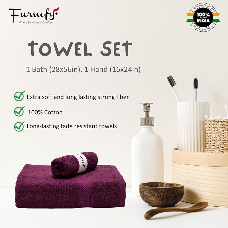 Furnofy 450 GSM Cotton Towel Set of 2 1 Bath 70x140 cm 1 Hand 40x60 cm Highly Absorbent and Soft Bathroom Towels Pack of 2 Magenta - Image 5