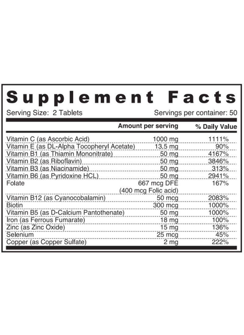 SUNSHINE NUTRITION - B-Complex With Vitamin C 1000Mg Supports Healthy Immune System Promotes Nervous Function Energy Metabolism 100 Tablets - Image 1