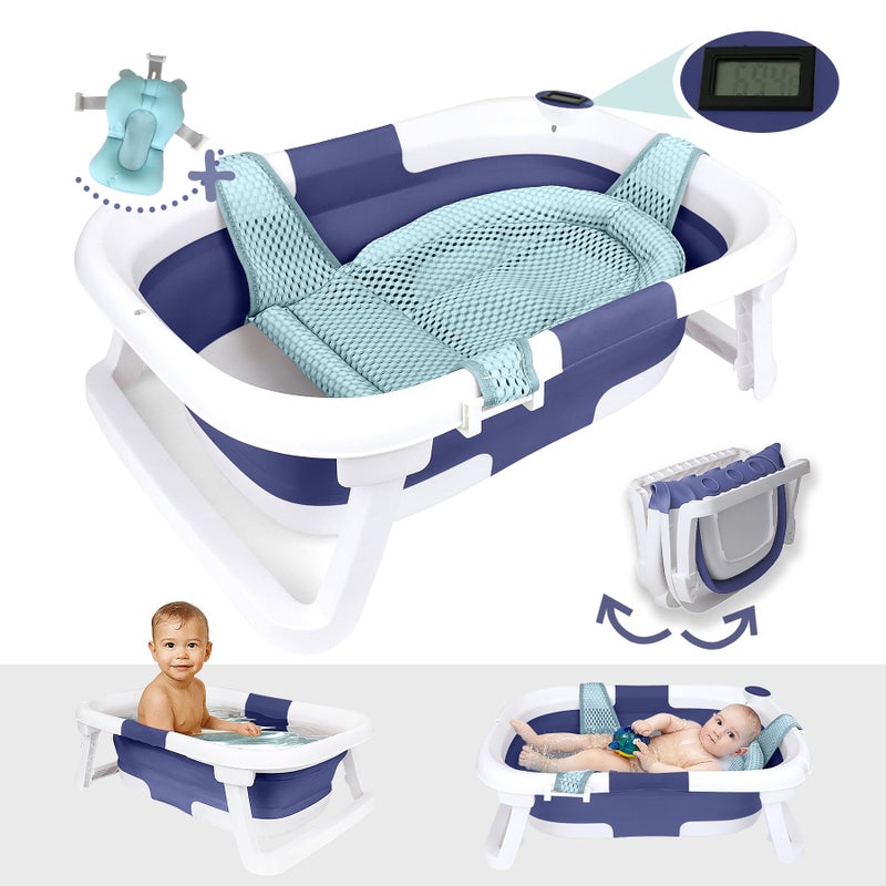 BEBELEHâ„¢ Collapsible Baby Bathtub with Thermometer â€“ Bathtub + Baby tub Sling + Newborn Sling â€“ Baby Bathtub Newborn to Toddler 0-24 Months â€“ The Ultimate Baby Bath tub! (with Thermometer,Blue) - Image 1