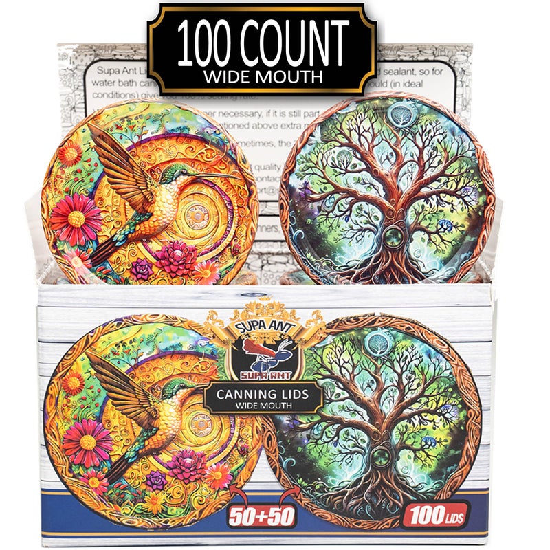 Supa Ant Wide Mouth Canning Lids (100pcs) Decorative Tin Canning Lids Wide Mouth (Wood Frame) Buckle Proof and Rust Proof - Perfect Fit Can Lid for Mason Jars Canning Supplies - Mason Jar Lids - Image 1