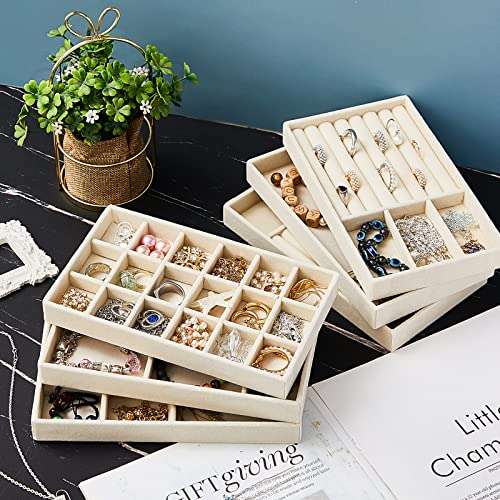 Junkin 18 Pcs Velvet Jewelry Tray Stackable Jewelry Drawer Organizer Jewellery Box Divided Display Tray for Earring Bangle(Beige) - Image 4