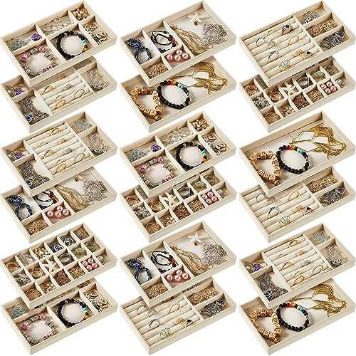 Junkin 18 Pcs Velvet Jewelry Tray Stackable Jewelry Drawer Organizer Jewellery Box Divided Display Tray for Earring Bangle(Beige) - Image 1