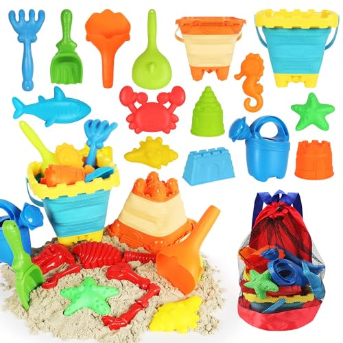 Elovien Beach Sand Toys Set 24PCS Sandbox Toys with Mesh Backpack Bag Included 2 Foldable Buckets Pails Sand Molds Shovels Rakes and Watering Can Summer Outdoor Toys for Kids Toddlers Boys Girls - Image 1