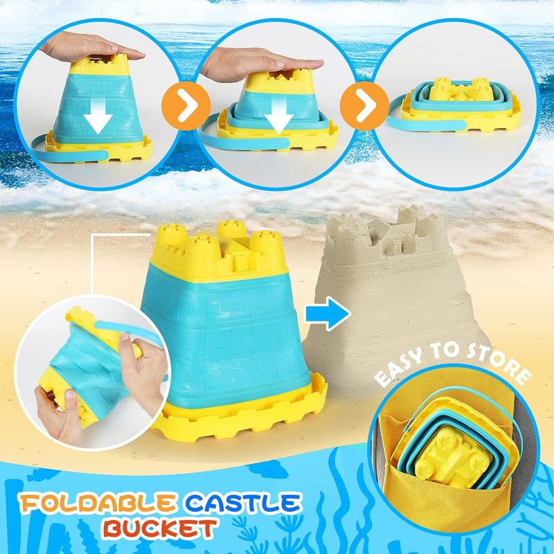 Elovien Beach Sand Toys Set 24PCS Sandbox Toys with Mesh Backpack Bag Included 2 Foldable Buckets Pails Sand Molds Shovels Rakes and Watering Can Summer Outdoor Toys for Kids Toddlers Boys Girls - Image 3