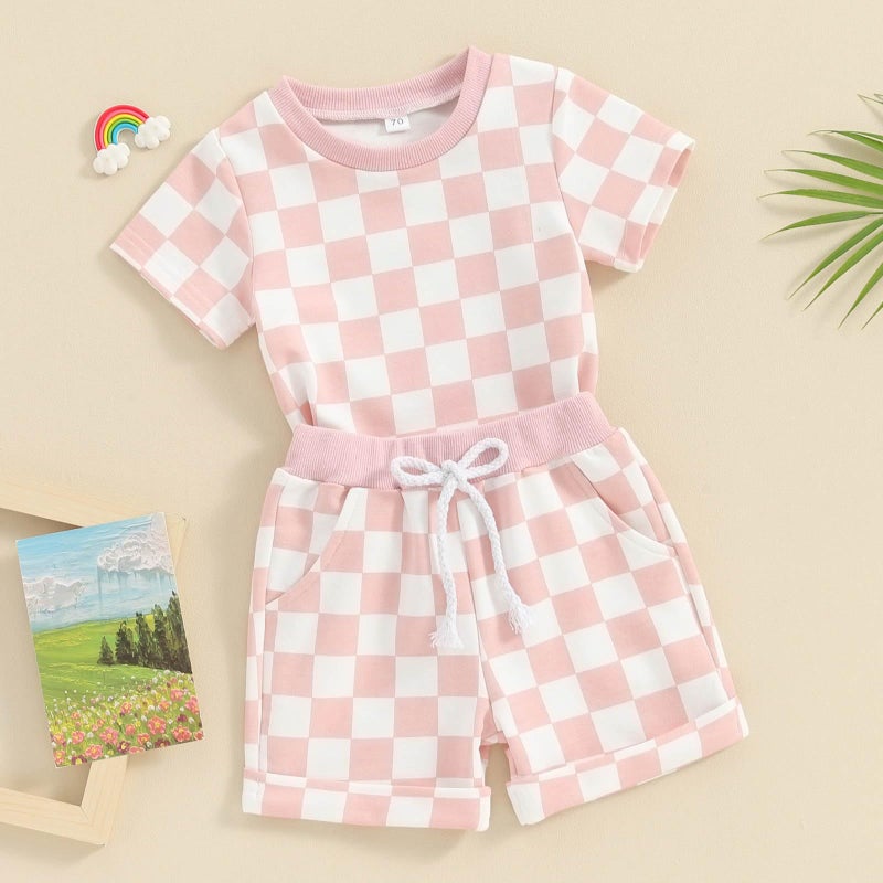 FOCUSNORM Toddler Baby Girl Outfit Newborn Girl Summer Clothes Short Sleeve T Shirt Checkerboard Top Set Elastic Waist Shorts (Checkerboard Pink, 2-3 Years) - Image 5