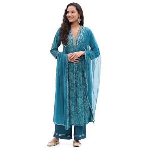 Biba Women's Teal Blue Floral Printed Flared Suit Set_38 - Image 1