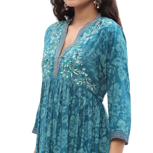 Biba Women's Teal Blue Floral Printed Flared Suit Set_38 - Image 2