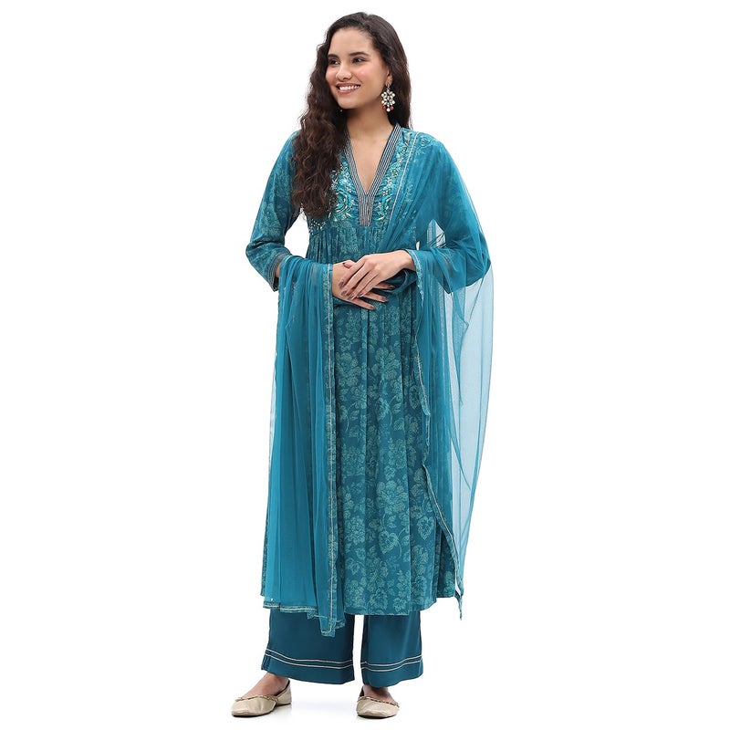 Biba Women's Teal Blue Floral Printed Flared Suit Set_38 - Image 5