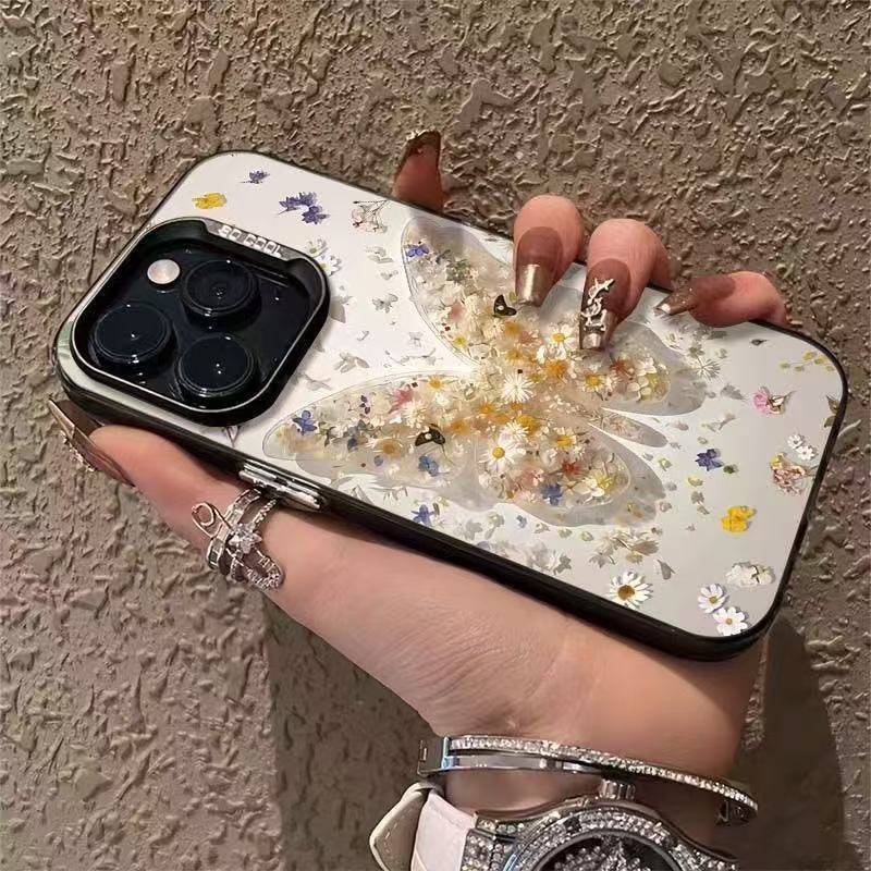 جراب هاتف آيفون 14 برو من أبل، جراب مقاوم للصدمات مصنوع من مادة TPU بتصميم فني إبداعي على شكل زهرة وفراشة (أسود) - Image 2