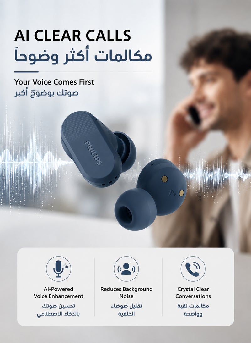 Philips True Wireless Earbuds, TWS Bluetooth 5.3 with Hybrid ANC, AI Clear Calls, Dynamic Bass Boost, IPX4 Waterproof, Touch Controls, USB-C Charging Case, Up to 24H Battery Life, TAT3509,  Blue blue - Image 3