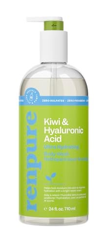 Renpure Kiwi and Hyaluronic Acid Ultra Hydrating Body Wash - Leaves Skin Moisturized - Rids Skin of Daily Grime - Gentle Formula - Dye and Paraben Free - Recyclable, Pump Bottle Design - 24 fl oz