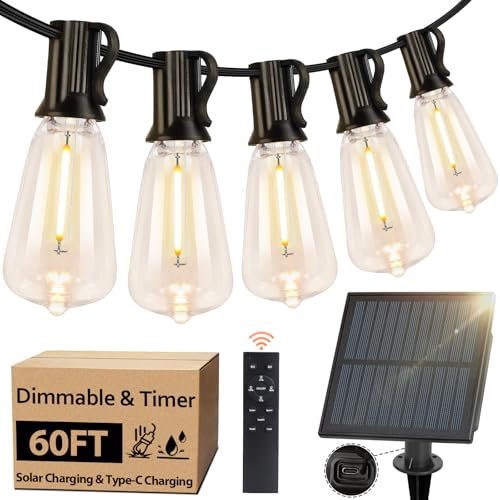 Bosceos Solar Outdoor String Lights Waterproof, 60FT Solar Powered String Lights for Outside with Shatterproof Bulbs, Dimmable ST38 LED Lights String, Patio Hanging Lights for Backyard Garden Party - Image 1