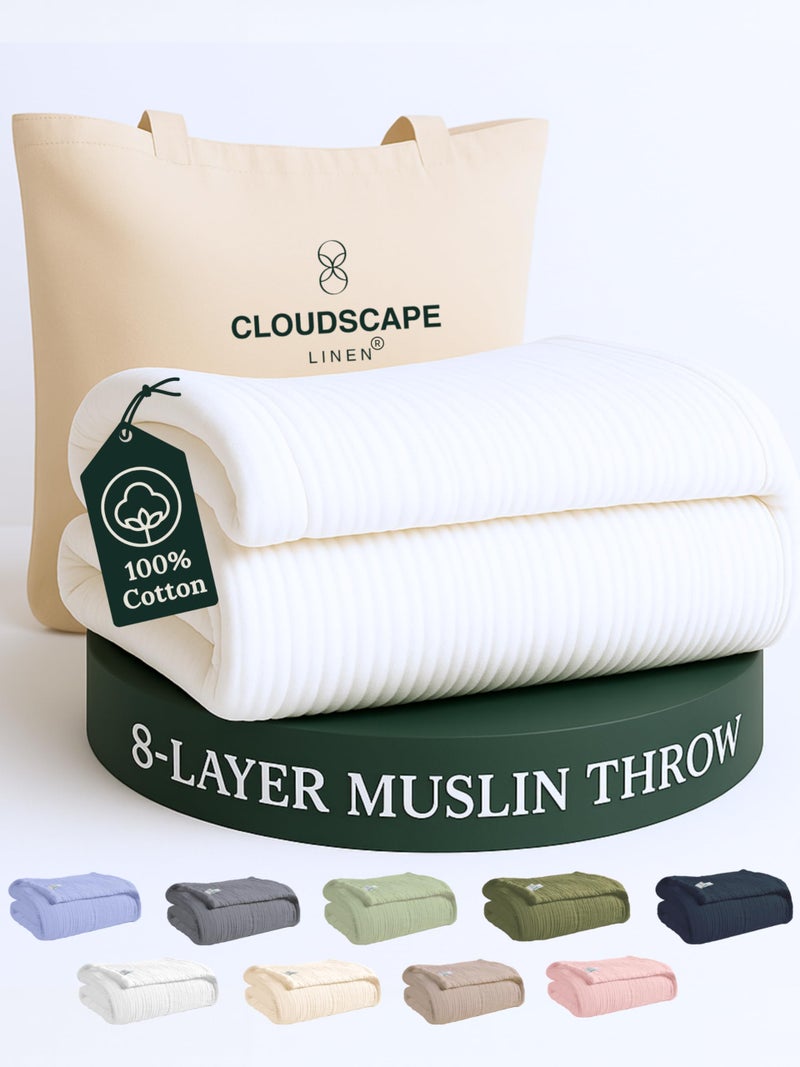 CloudScape Linen Cloud Scape Linen Extra Large 8 Layer Muslin Throw Blanket - 100% Cotton Gauze, Soft and Breathable, Winter Blanket for Couch, Sofa and Bed, Idea, 50x70, White - Image 1