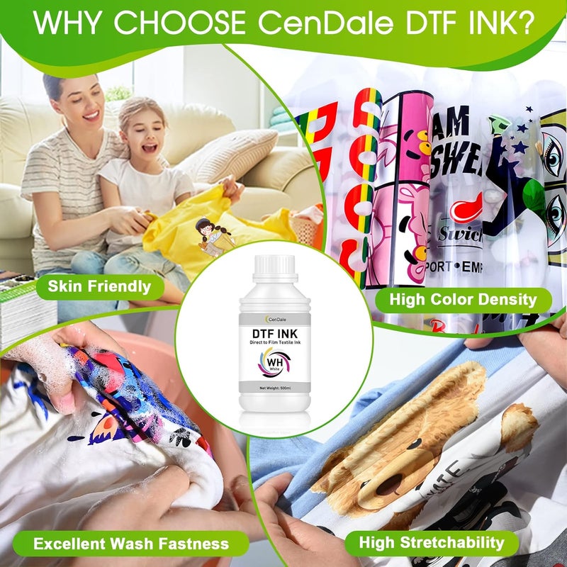 CenDale Premium DTF White Ink - DTF Transfer Ink for PET Film, Refill DTF Ink for Epson ET-8550, L1800, L800, R2400, P400, P800, XP15000, Heat Transfer Printing Direct to Film (500ml) - Image 3