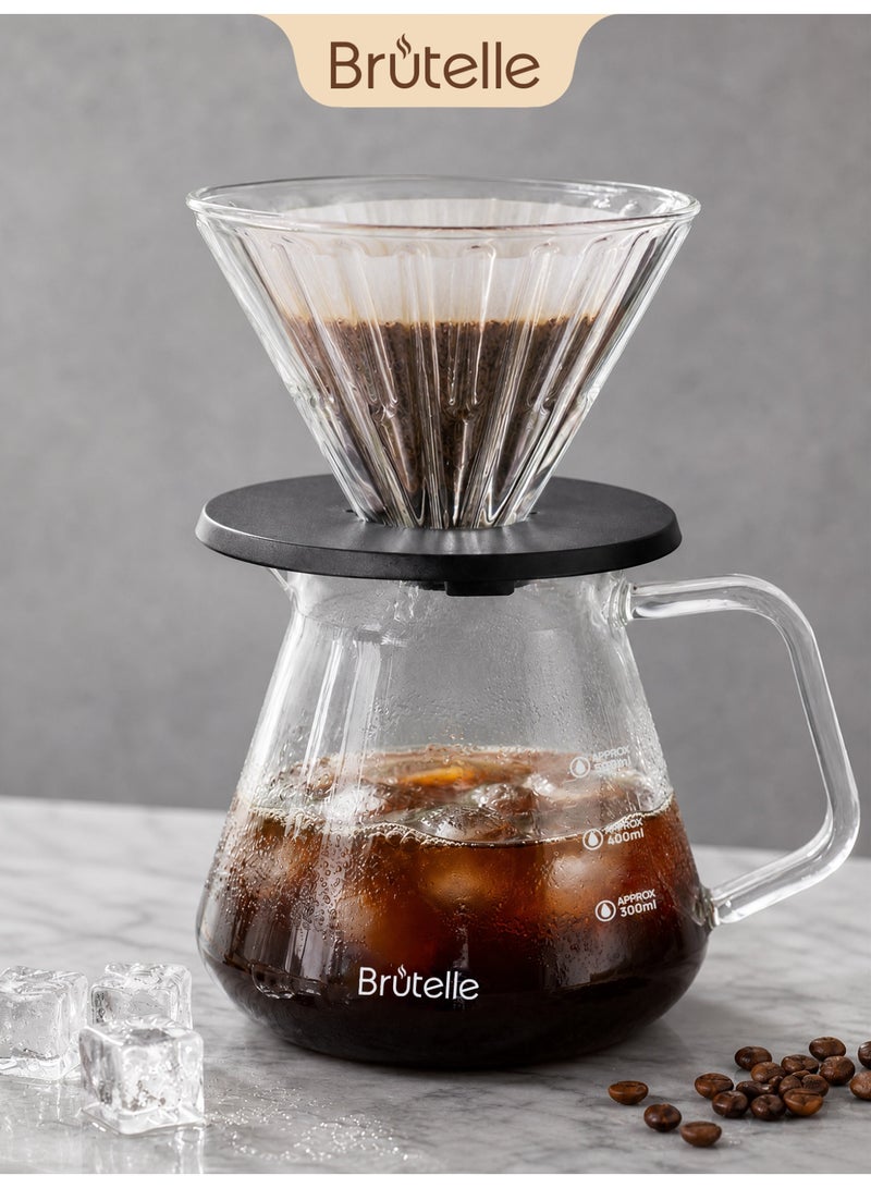 بريتيل طقم تقطير القهوة V60 من زجاج البوروسيليكات - مقاوم للصدمات الحرارية، مزود بفوهة على شكل نسر لصب خالٍ من التناثر، كوب ترشيح مضلع، مقبض بزاوية 90 درجة مقاوم للحروق، جدار سميك شديد التحمل (أكثر من 280 غرامًا) - مثالي لتحضير القهوة الساخنة والباردة، للمنزل، المكتب، ركن القهوة - Image 1