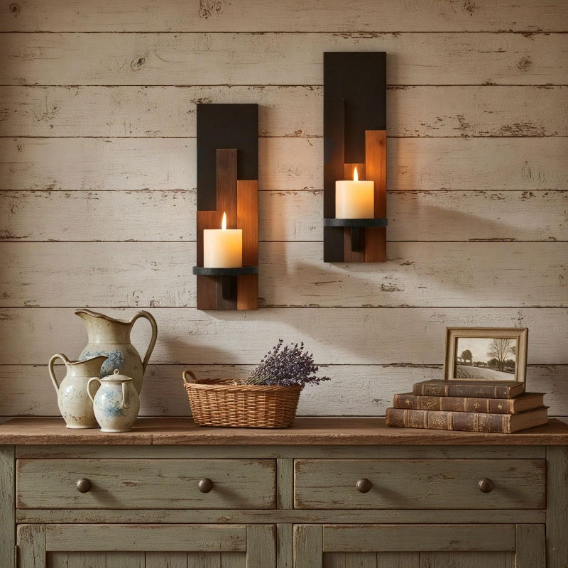 AimtoHome Wood Rustic Candle Sconces, Set of 2 Wall-Mounted Pillar Candle Holders, Antique Classical Wooden Candleholder for Farmhouse, Fireplace, Living Room, Bedroom, Rustic Home Decor - Image 2