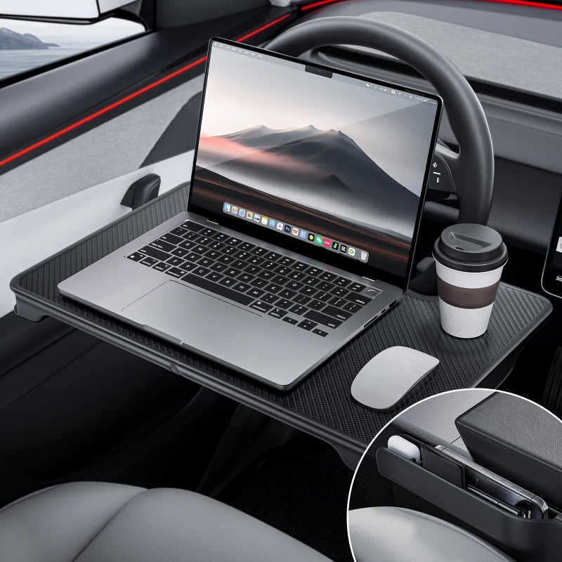 YONZEE 2-in-1 Car Steering Wheel Desk Tray & Car Seat Gap Filler Organizer â€“ Foldable Carbon Fiber Look Table for Laptop, Eating Food, Writing â€“ for Standard Round Steering Wheels - Image 1