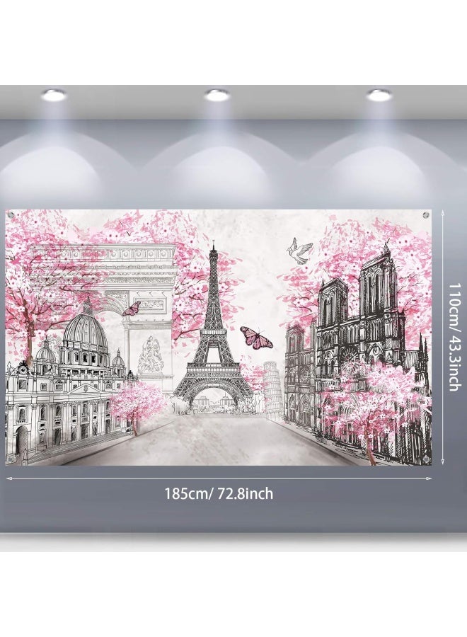 Sumind خلفية نسيج باريس فن الجدران لافتة صورة برج إيفل خلفية منظر مدينة أوروبية ديكور حائط وردي لغرفة المعيشة غرفة نوم الفتاة زينة حفلة ذات طابع باريس، 72.8 × 43.3 بوصة - Image 2