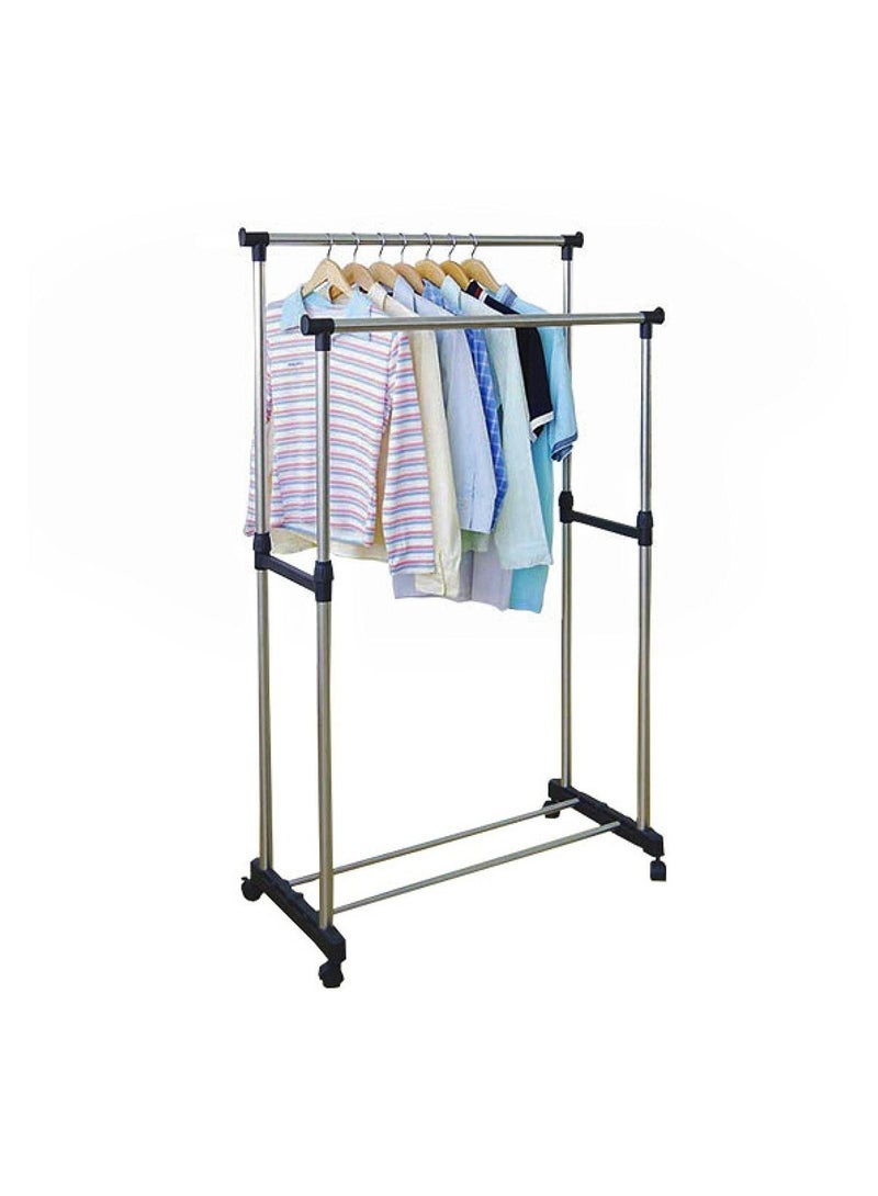 DOUBLE POLE Large Double Pole Clothes Hanger, Garment Drying Rack with Rolling wheels, Adjustable Bars Stainless Steel Poles, Silver - Image 4